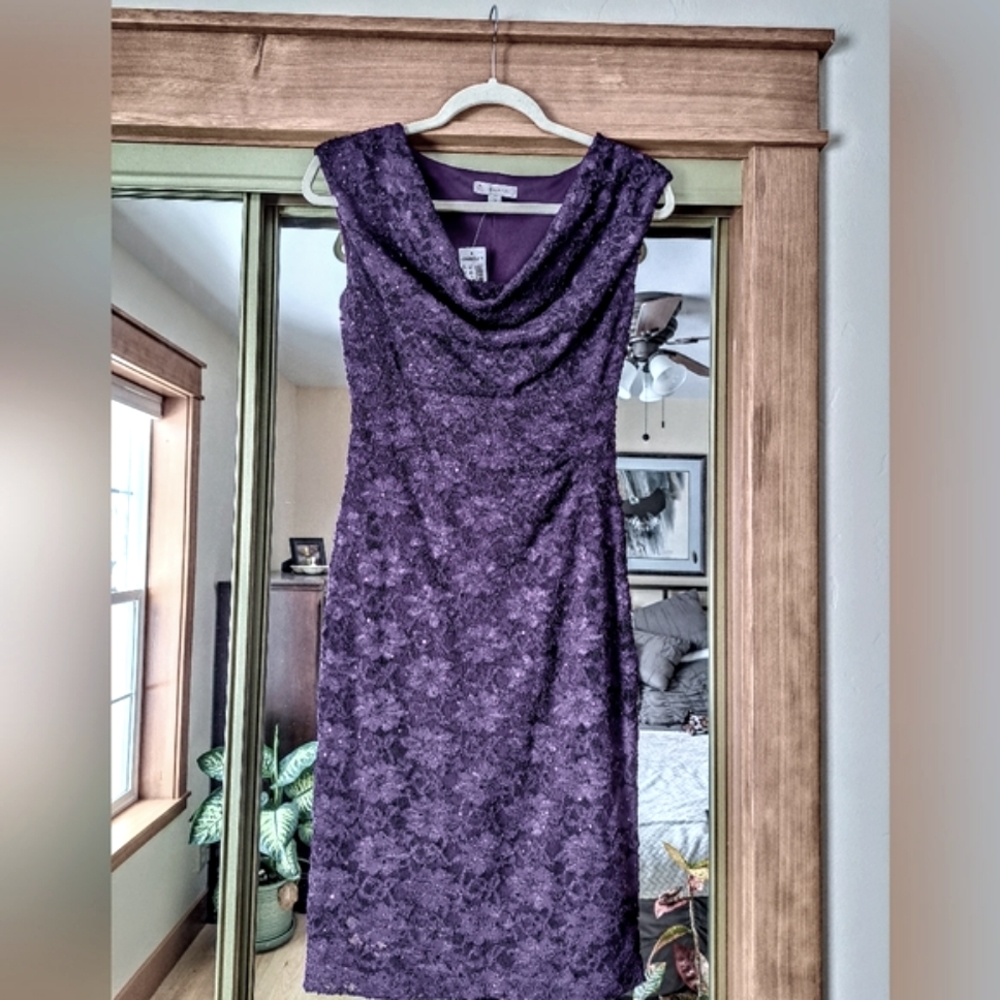 Dress barn deep purple sequid lace dress with cowl neck.Size 4. Brand new.